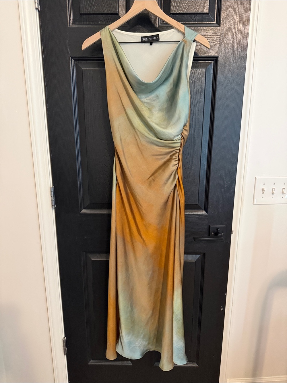 Zara Multicolor Draped Satin Maxi Dress in Green and Mustard Tones